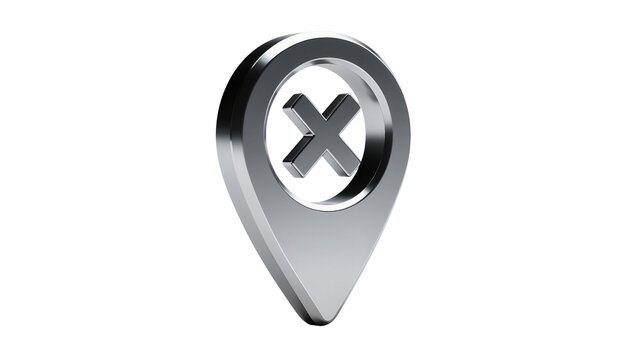 Sleek metallic location pin icon with a prominent gray X symbol, isolated on transparent background for navigation and error messaging