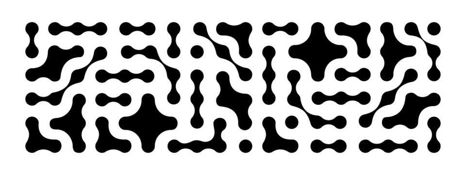 Metaball shapes pattern. Black linked liquid drops or rounded organic forms isolated on white background. Connected neurons, molecules or cells. Modern abstract print. Vector graphic illustration.