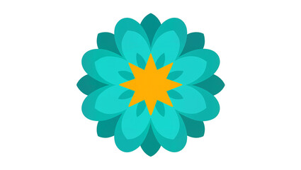 Fototapeta premium Stylized turquoise and teal layered floral emblem with a bright yellow center, isolated on transparent background for branding and design elements