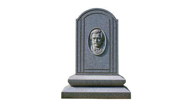 Antique gray granite gravestone with carved gentleman s portrait featuring ornate detailing and a curved top, isolated on transparent background for memorial designs