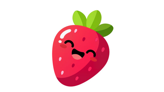 Smiling cartoon strawberry with glossy red skin tiny black eyes and vibrant green leaves, isolated on transparent background for cheerful designs