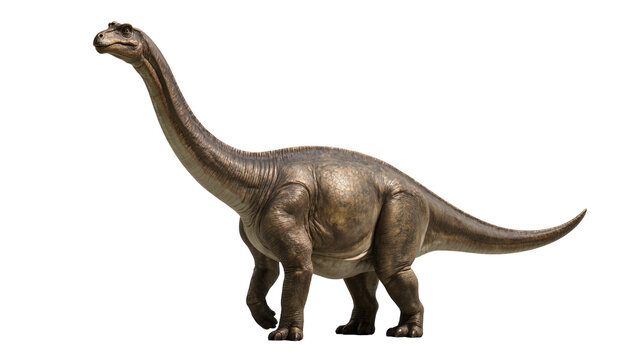 Detailed bronze Brachiosaurus dinosaur statue with textured skin long neck and tail standing gracefully, isolated on transparent background for prehistoric designs
