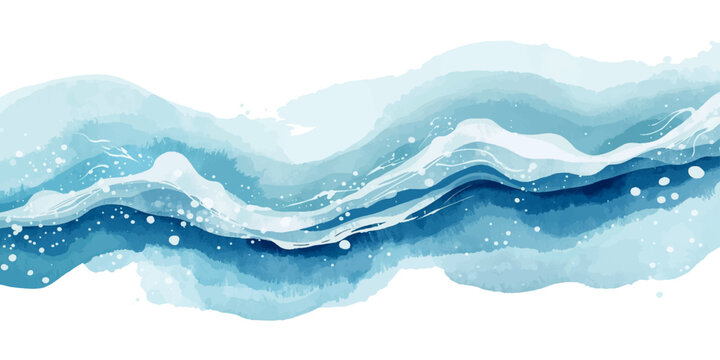 Abstract blue wave vector illustration over a misty mountain landscape with a cold morning sun rising through the clouds and ocean fog