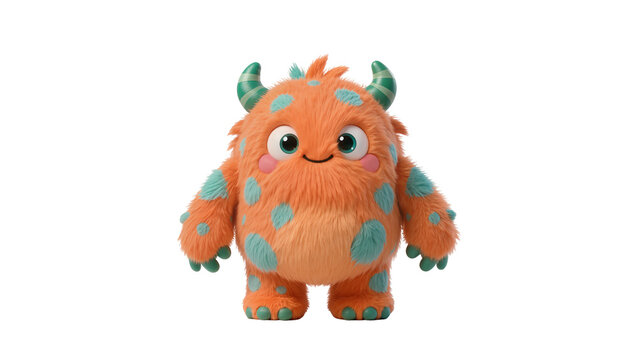 Orange fluffy monster toy with turquoise horns spots and hands, cheerfully posed isolated on transparent background for playful designs