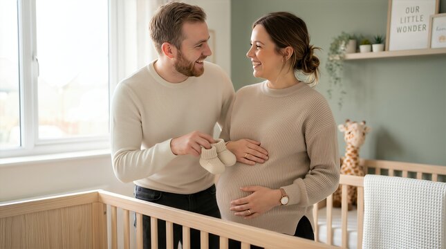 Expecting couple in cozy nursery preparing for Mother's Day, smiling while holding baby booties near crib with soft toys and decor in the background