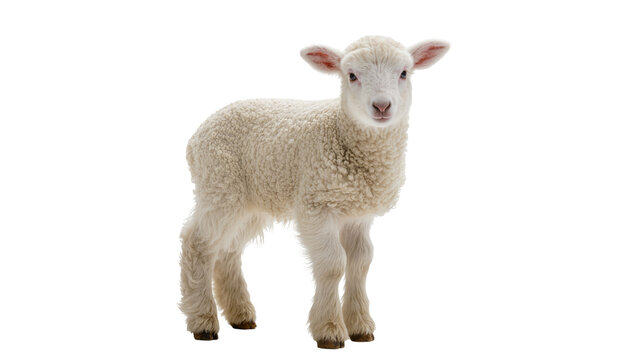 Fluffy young lamb with soft woolly fleece standing attentively and looking forward, isolated on transparent background for farm concepts