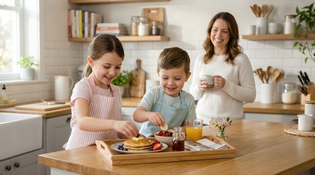 Children preparing breakfast in a modern kitchen, placing fruit on pancakes while mother watches, bright natural light illuminating the cheerful scene