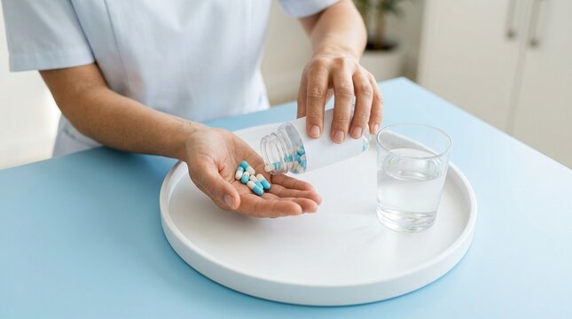 medicine, capsules, healthcare, pharmacy, treatment, caregiver, medication being dispensed by a professional nurse for a patient, featuring a glass of water on a minimalist tray.