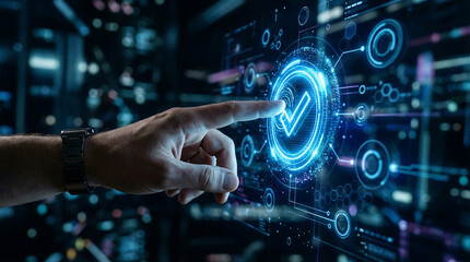 Fototapeta premium Human hand interacting with futuristic digital interface pressing approval checkmark icon data verification cybersecurity technology concept virtual control system modern background