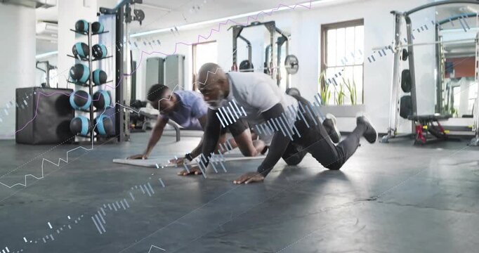 Trainer cueing trainee starting knee push-ups on mats in gym, with animated rep counter fixing form