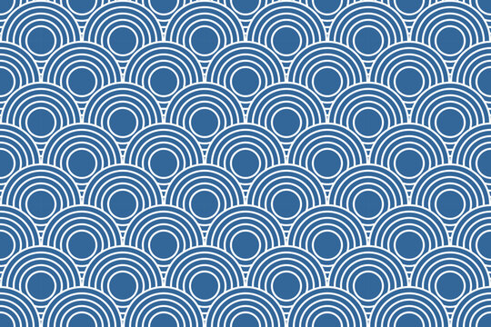 Repeated overlapped blue round shapes. Sea or ocean scalloped waves pattern. Water or cloud print in oriental style. Abstract minimalist Asian ornament. Summer theme wallpaper. Vector illustration.