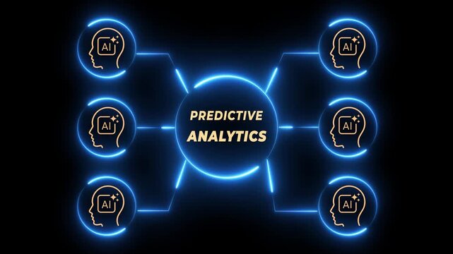 Predictive analytics concept on the black background. Data analysis, machine learning, artificial intelligence (AI) and statistical model.  Motion graphics of predictions future outcomes idea.