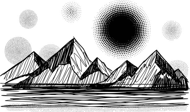Black and white abstract mountain landscape with sun and circular patterns