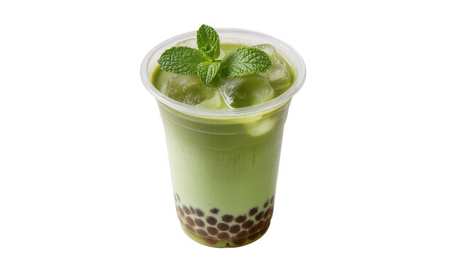 Refreshing green matcha bubble tea drink with tapioca pearls and ice cubes garnished with fresh mint leaves, isolated on transparent background for beverage ads