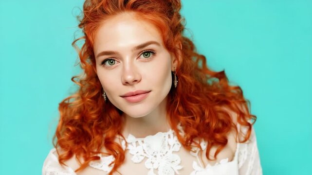 Redhead female caucasian young adult portrait with curly red hair green eyes wearing white lace dress against turquoise background natural beauty closeup
