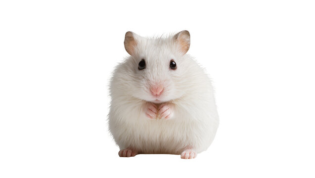 Fluffy albino hamster sitting upright displaying pink nose and tiny paws, isolated on transparent background for cute animal designs