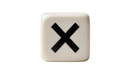 Obraz premium Creamy plastic cube game die displaying bold black X symbol, isolated on transparent background for game design and educational projects