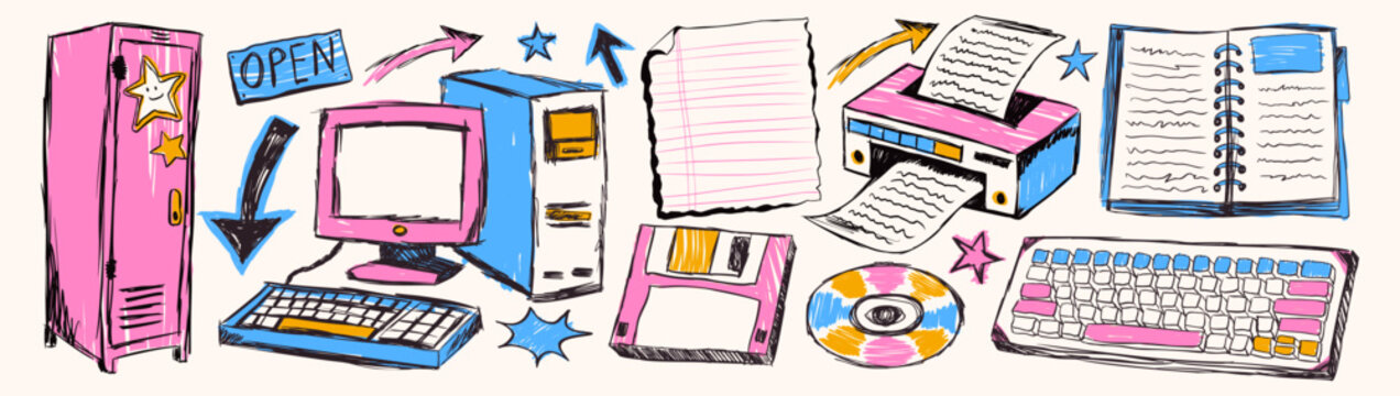 Retro 2000s Tech Doodle Collection With Old Desktop Computer Printer Keyboard And School Locker Elements