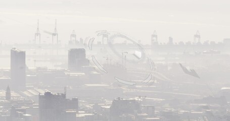 Fototapeta premium Capturing hazy port skyline spreading from elevated viewpoint, with container cranes and faint HUD