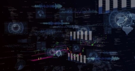 Fototapeta premium Animating central candlestick chart with magenta average line in data dashboard, showing white bars