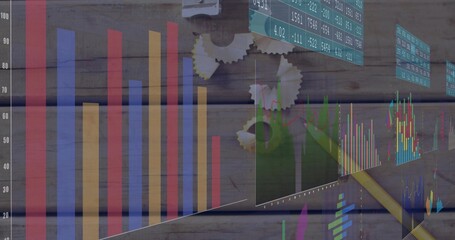 Fototapeta premium Displaying data charts on wood plank, with vertical bars, green tables, gears, yellow stylus