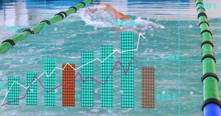 Swimming athlete wearing cap, goggles, suit in lane with green-black dividers and bar chart overlay © vectorfusionart