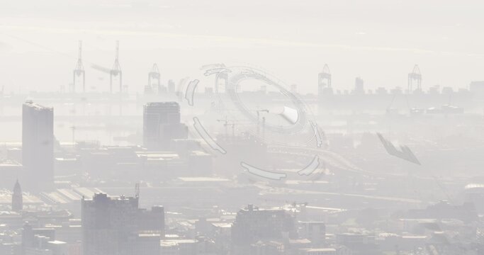 Capturing hazy port skyline spreading from elevated viewpoint, with container cranes and faint HUD