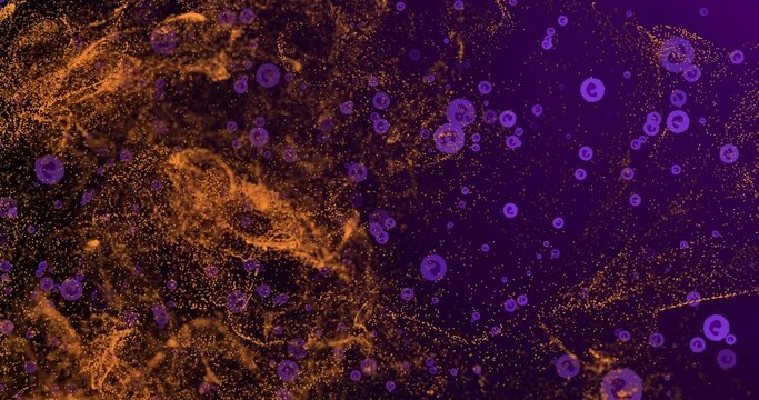 Swirling golden filaments and particles drifting on dark purple canvas, ringed discs, copy space