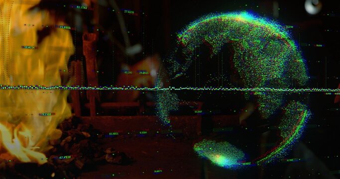 Projecting holographic globe on right in workshop, showing green static band, burning fire, chair