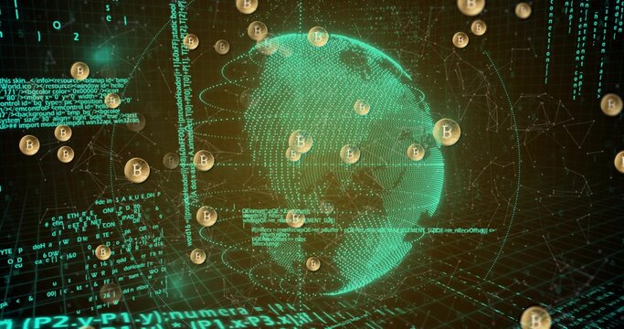 Rotating holographic dot-matrix globe streaming teal lines in cyberspace, with gold Bitcoin coins