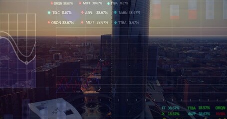 Dominating cylindrical glass skyscraper glowing at dusk over downtown plaza, showing HUD overlays © vectorfusionart