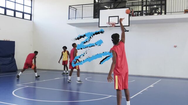 Four men rotating roles after top player starting dribble, running basketball drill with hoop