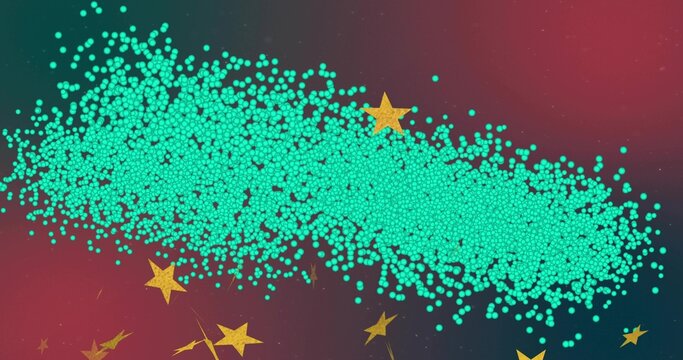 Gliding dense turquoise particle band stretching across gradient canvas, with glittering gold stars