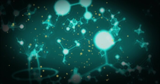 Glowing turquoise nodes circling bright sphere at center in teal visual with filaments, gold dust