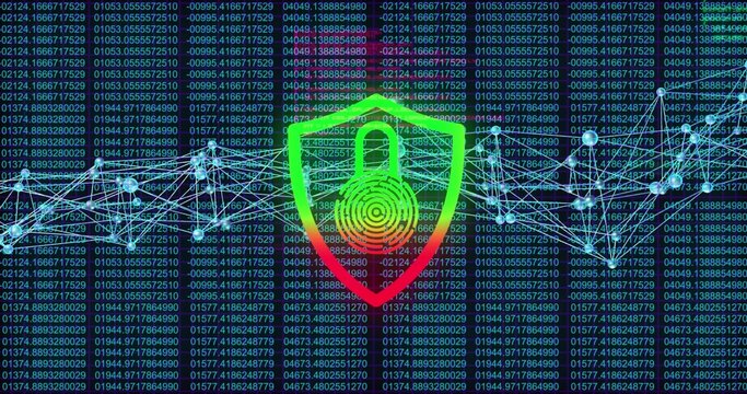 Pulsing shield with padlock and fingerprint hovering over code columns in cyberspace, glowing nodes
