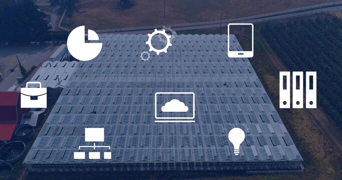 Showing greenhouse roof with clear panels, vent hatches, metal framing at farm, tech icons