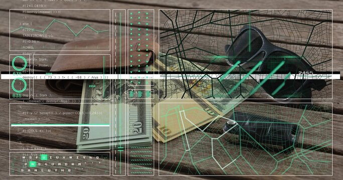 Displaying key fob with yellow tag and folded $20 bills on wooden tabletop showing neon HUD