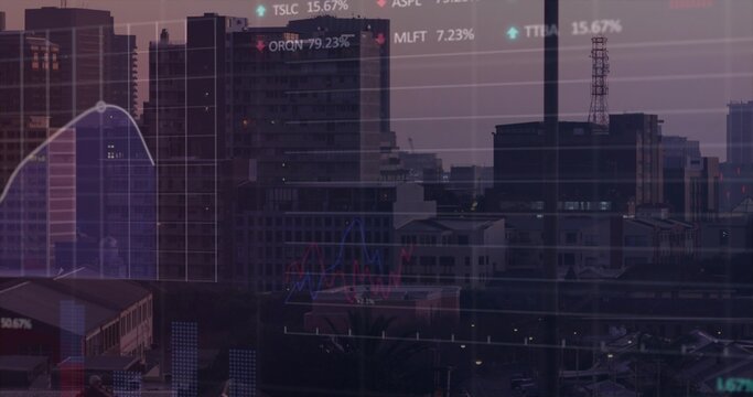 Displaying skyline with highrise buildings, roof HVAC, antenna through window at dusk, with charts