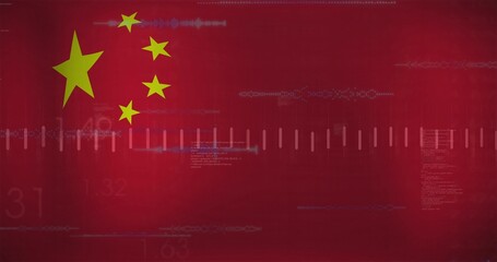Fototapeta premium Showing five yellow stars hovering over red backdrop, with tick marks, waveform traces, copy space