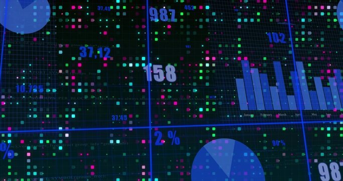 Showing central data panel on dashboard, neon grid, colored squares, numeric labels, bar chart, pie