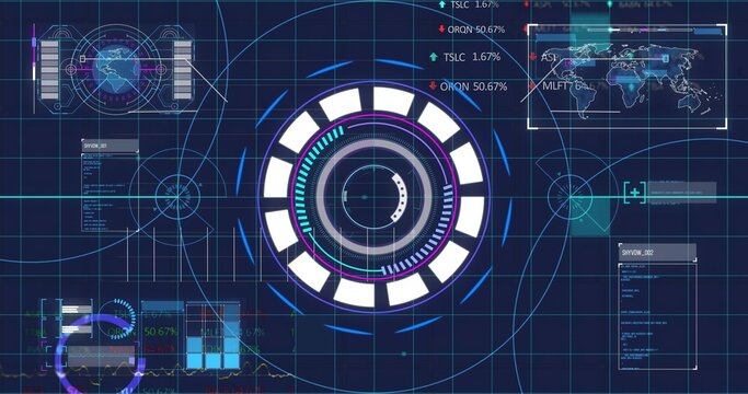 Projecting central holographic HUD rotating dial on virtual dashboard, showing world map and charts