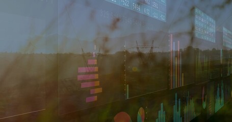 Naklejka premium Displaying translucent analytics dashboard overlaying grassland at sunset, with charts and tickers