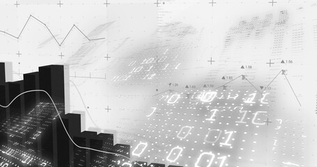 Showing 3D bars rising left at finance dashboard, curving white trendline, binary grid, copy space © vectorfusionart