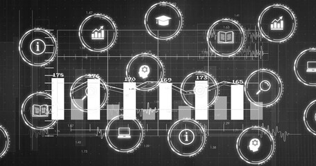 Displaying dashboard showing five-bar chart with numeric labels on dark grid, faint bars, HUD nodes © vectorfusionart