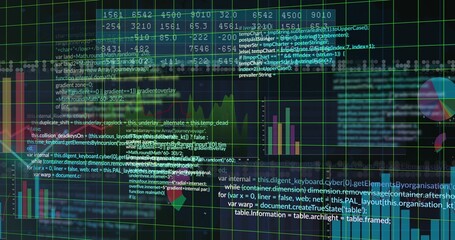 Displaying composite dashboard filling frame on PC, showing bar charts, waveform, pie chart, code © vectorfusionart