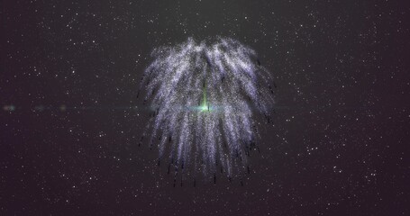 Fototapeta premium Glowing single luminous burst sending cascading particle trails in night sky, with green flare