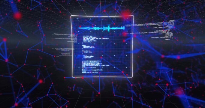 Floating white-framed holographic panel hovering in virtual cyberspace, showing code, cyan waveform