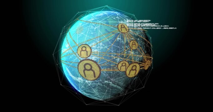 Displaying Earth globe rotating in 3D virtual space with wireframe, golden avatars and arcs