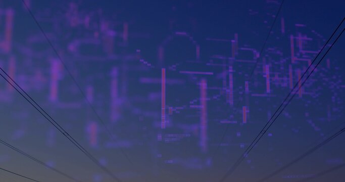 Glowing neon-purple digital overlay hovering across dusk sky, with diagonal cables and horizon glow