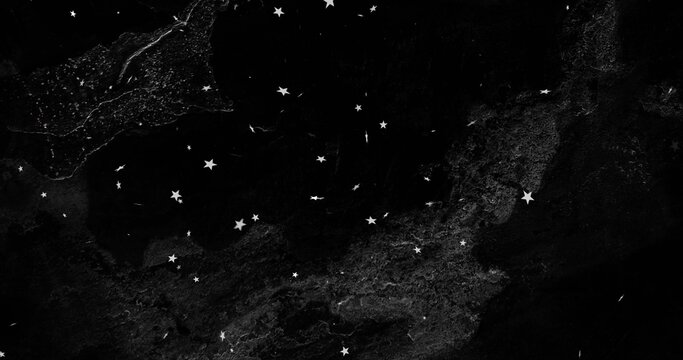 Displaying cluster of white five-pointed stars and speckles across night sky, marble texture